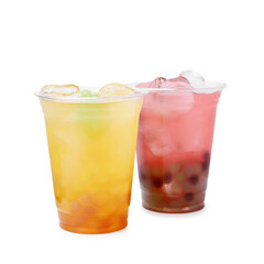 Tasty bubble tea in plastic cups isolated on white