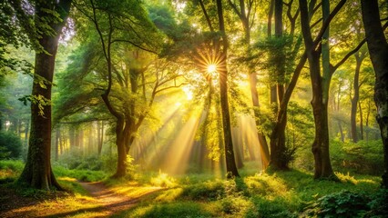 Fototapeta premium Sunbeams filtering through the canopy of a verdant forest, illuminating a path winding through the woods
