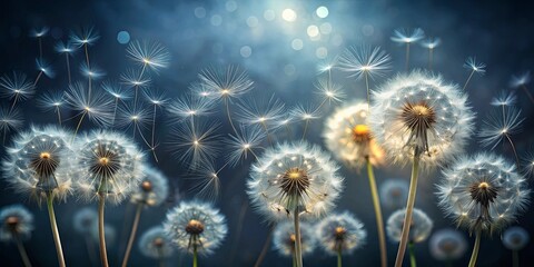Obraz premium Dandelion seeds, illuminated by the sun, are carried away by the wind, a symbol of hope and new beginnings