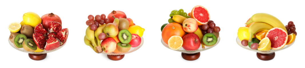 Glass bowl with fresh different fruits isolated on white, collage