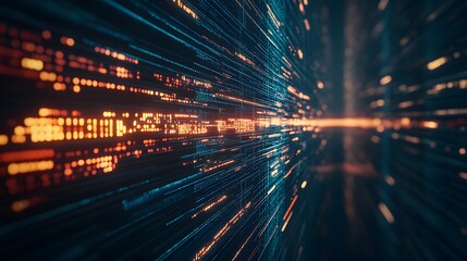 Abstract Digital Tunnel with Binary Code and Orange Glows