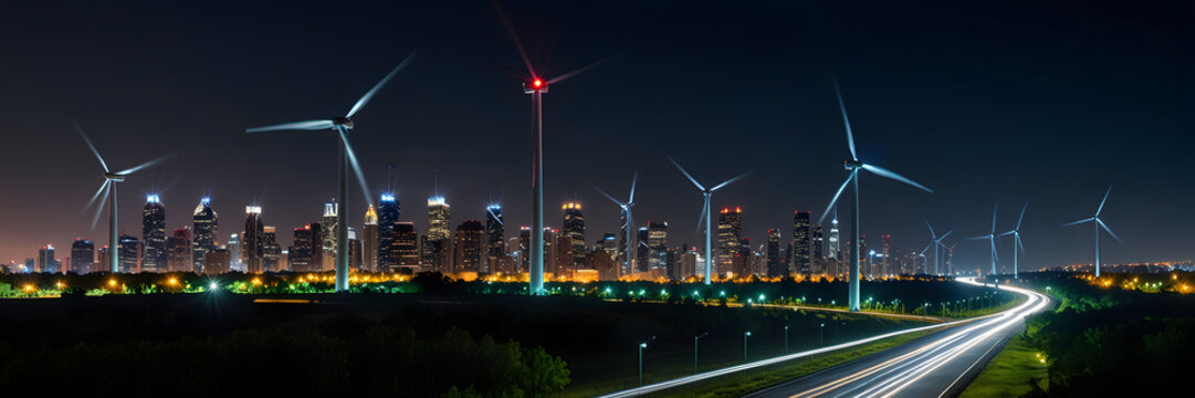 Eolic  Wind Turbines Energy Supplies Electricity to a City at Nigh. Distribution of Clean and Sustainable Energy Power