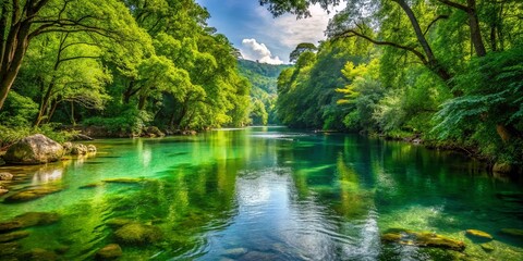 Obraz premium A Serene River Flowing Through a Lush Green Forest Canopy, Sunlight Filtering Through the Leaves, Creating a Glimmering Water Surface