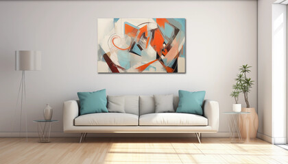 Abstract Painting in Modern Living Room with White Sofa and Floor Lamp