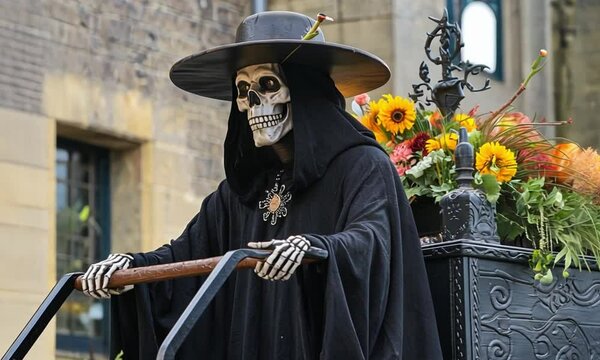 Ankou is a grim reaper figure from Breton mythology. He drives a cart to collect the souls of the deceased and is often depicted as a skeletal figure wearing a wide-brimmed hat.