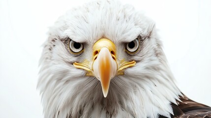 Obraz premium Majestic Bald Eagle Close-Up on White Background Showcasing Intense Gaze and Detailed Feathers