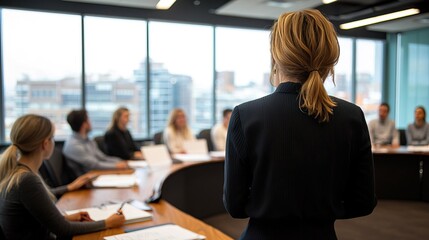 A woman in business attire stands at the head of an office meeting room, leading her team with confidence and sternness