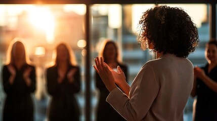 A group of business women are clapping and standing around in front of one woman who is facing away from the camera