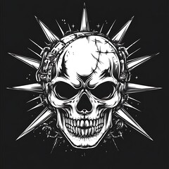 Obraz premium A skull with a spiked halo and roses, in a black and white illustration.