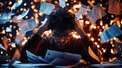 Man overwhelmed by money and bills.