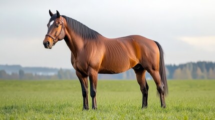 Fototapeta premium Majestic Brown Horse Standing on Green Grass Field with White Background in Natural Setting