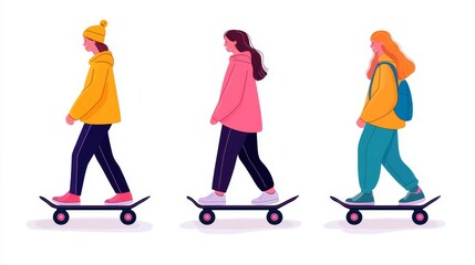 Fototapeta premium Three Young People Skateboarding in Casual Winter Clothing on White Background