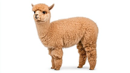 Obraz premium Adorable Fluffy Alpaca Standing on White Background - Perfect for Animal and Nature Themed Projects