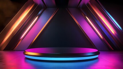 Futuristic dark podium with light and reflection background. 