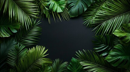 Lush green tropical leaves frame a dark background.