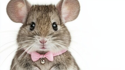 Obraz premium Adorable Mouse with Pink Bow Tie on White Background - Cute Animal Portrait for Stock Photography