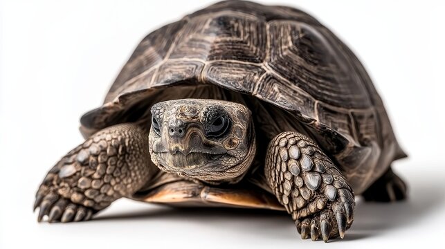 Close-Up of a Tortoise on a White Background Highlighting Detailed Shell and Texture