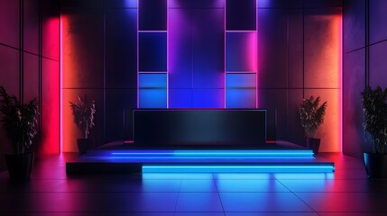 Futuristic dark podium with light and reflection background. 