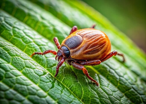 Close-Up Image of a Woodtick on Leaf, Examining Its Features and Natural Habitat in Detail