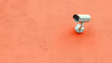 Modern Security Camera Mounted on Vibrant Orange Wall for Surveillance and Safety