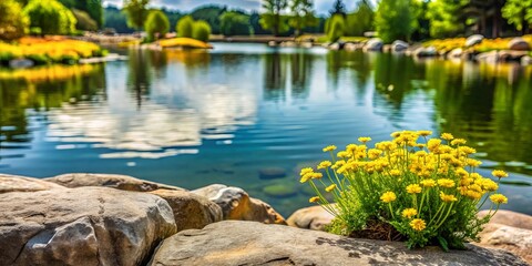 A cluster of vibrant yellow wildflowers growing on a smooth gray rock, with a calm blue pond and green trees in the background.
