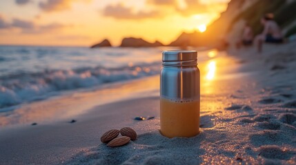Mangosteen protein shake almond milk served reusable stainless steel bottle sunrise beach workout session fitness enthusiast exercising background symbolizing postworkout nutrition Scientific name