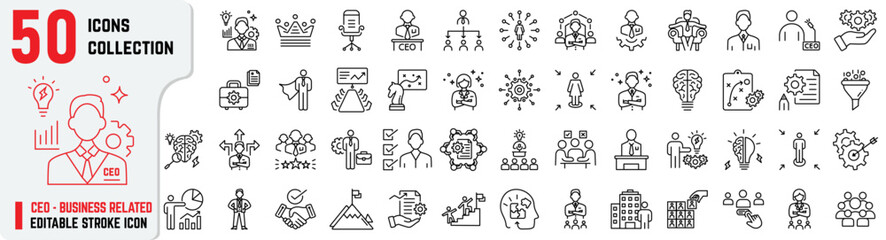 Fototapeta premium A collection of high-quality CEO and business-related icons also includes communications, strategy presentations, business reports, and management infographics. CEO Editable Stroke Icon
