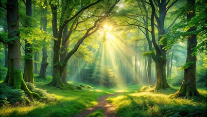 Obraz premium Sunlight Streaming Through the Canopy of a Lush Forest, Illuminating a Path Leading Deeper Into the Woods
