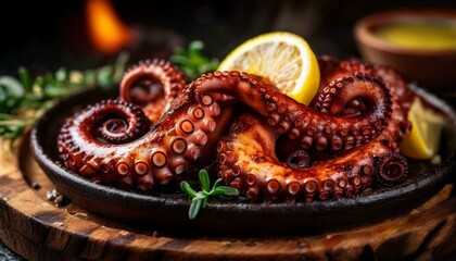 Fototapeta premium Close-up of grilled octopus tentacles garnished with lemon and herbs