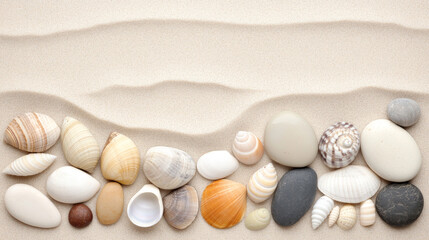 A serene arrangement of various seashells and smooth pebbles on soft sand creates calming beach scene. natural textures and colors evoke sense of tranquility and connection to nature
