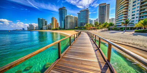 Naklejka premium A wooden walkway leading to a secluded beach with clear turquoise water and modern high-rise buildings lining the shoreline under a vibrant blue sky