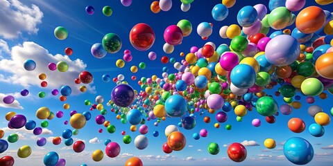 A vibrant array of colorful spheres float effortlessly in a cerulean sky, illuminated by the warm glow of the sun, creating a mesmerizing spectacle of joy and celebration.