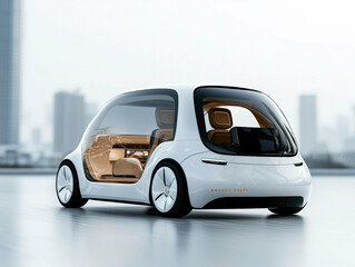 Futuristic self-driving car with sleek design, glass-paneled body, and autonomous technology, seamlessly navigating the modern urban landscape.