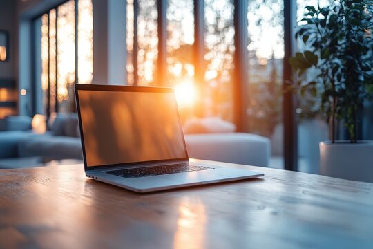 Laptop Sunset:  A laptop computer with a blank screen sits on a wooden desk in a modern office space, bathed in the warm glow of a setting sun.