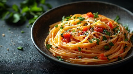 Fototapeta premium Pasta Made from Insect Flour: A plate of spaghetti made from cricket flour, served with a colorful vegetable sauce.