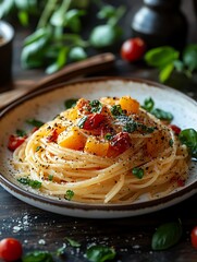 Fototapeta premium Pasta Made from Insect Flour: A plate of spaghetti made from cricket flour, served with a colorful vegetable sauce.