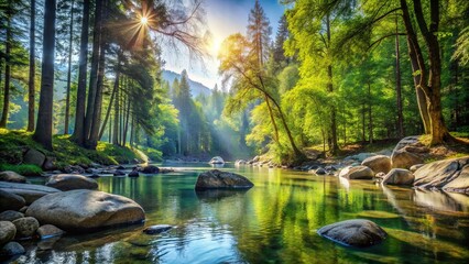 Obraz premium Sunlight filtering through a canopy of trees, illuminating a serene river with large boulders scattered along its banks