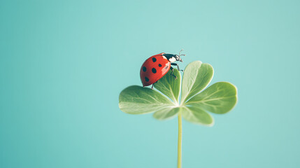 Lady bug sitting on top of Clover leaf, Macro shot,  against a pastel blue background