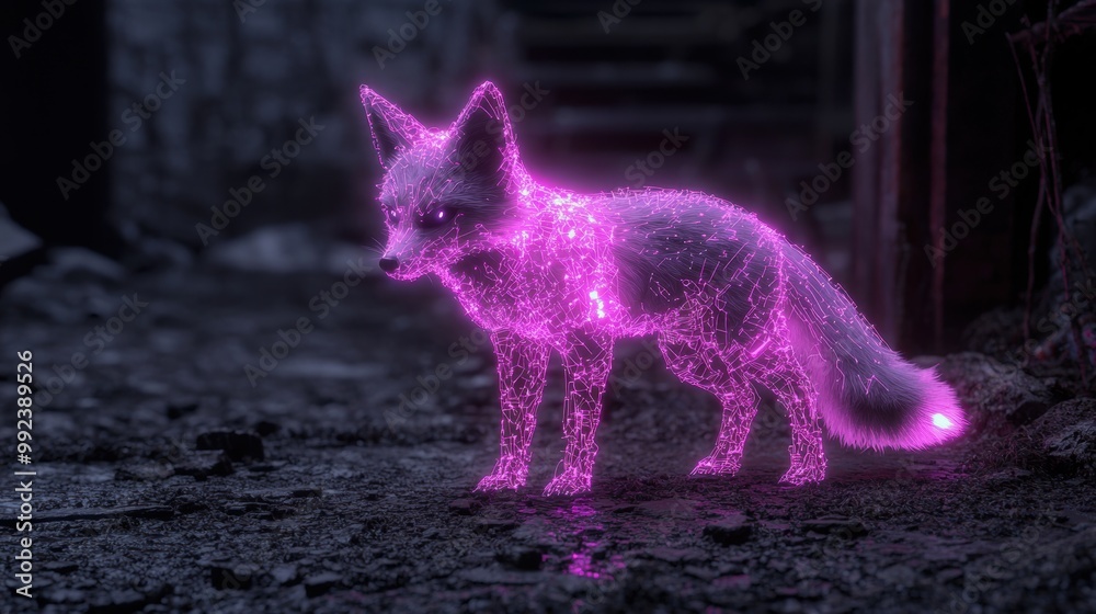 Wall mural glowing neon fox in dark forest