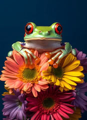 colorful frog perched on vibrant flowers, showcasing its striking red eyes against a white background
