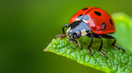 Fototapeta premium Close-up of a red and black spotted ladybug perched on a green leaf in a summer garden
