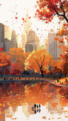 Obraz premium 4K Fantasy Cityscape: Serene New York Park, Joyful People, Kids Playing, Autumn Leaves in Vibrant Colors, Anime-Style Cozy Vibe, Detailed Anime Art Wallpaper