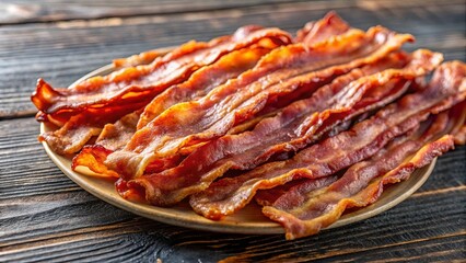 A close-up of crispy, golden-brown bacon strips arranged on a wooden surface, showcasing the enticing texture and aroma of this popular breakfast staple.