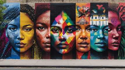 colorful street art mural of women's faces in new york city