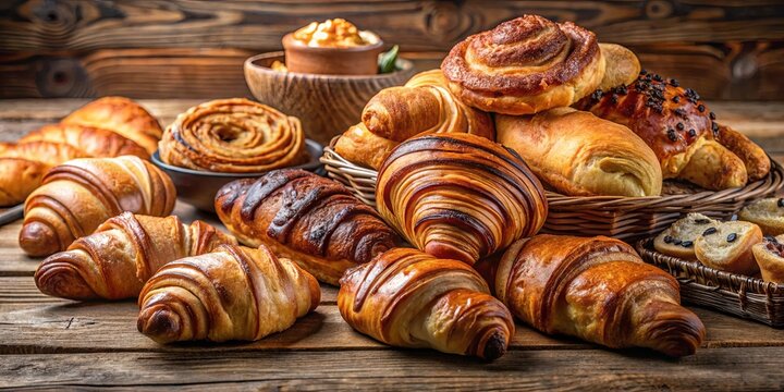 A Rustic Gathering of Freshly Baked Croissants and Pastries, Displayed in a Basket and on a Wooden Table