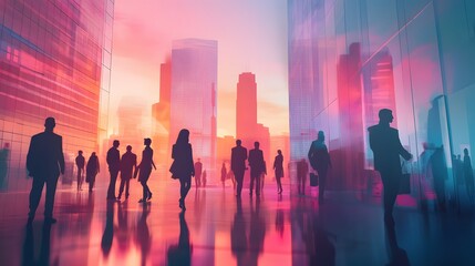 business people silhouettes over city background. 