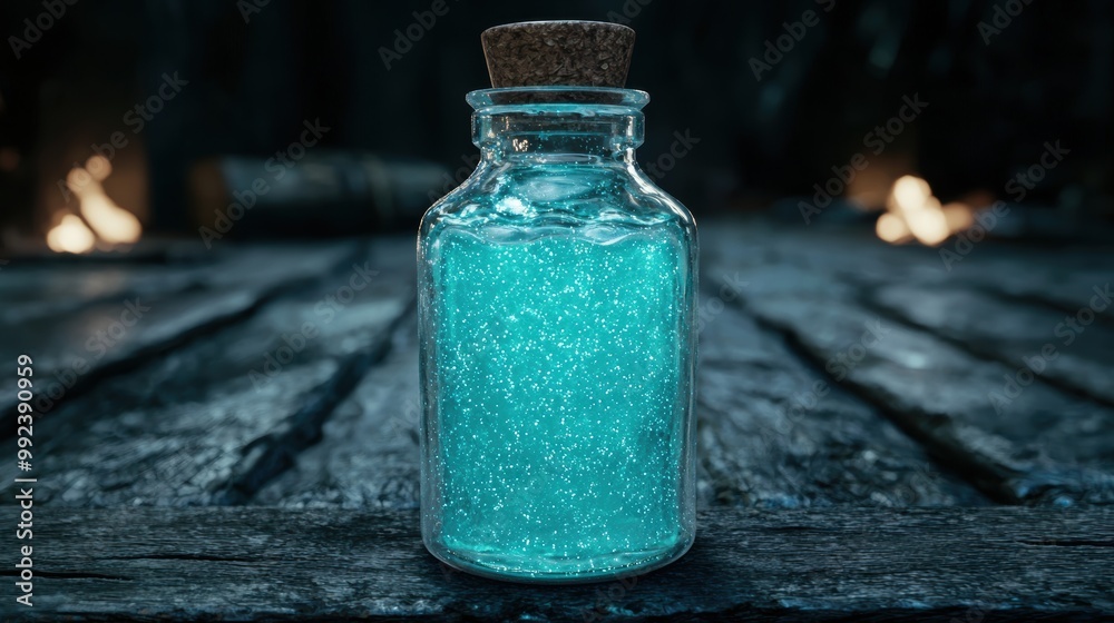 Poster Glittering turquoise potion in glass bottle