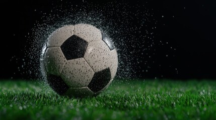 Naklejka premium soccer ball on wet grass at night