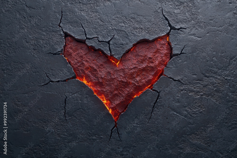 Poster Fiery heart shape cracked in dark stone