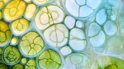 Microscopic Close-up of Plant Cells with Green and Blue Hues